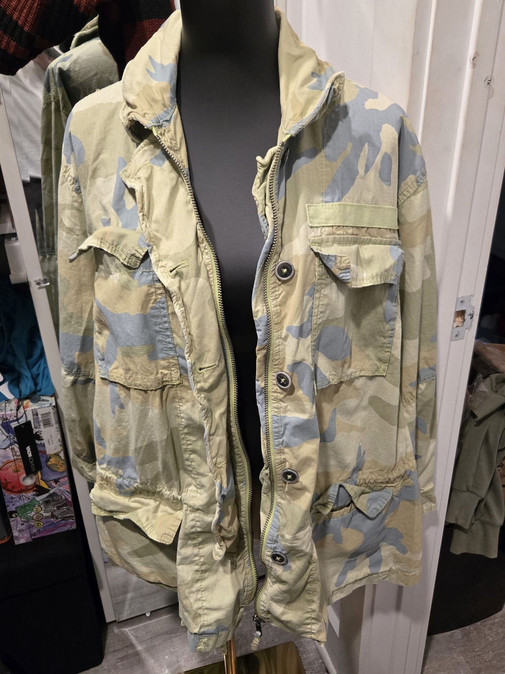 Free People Camouflage Field Jacket - Light Green & Gray/Blue